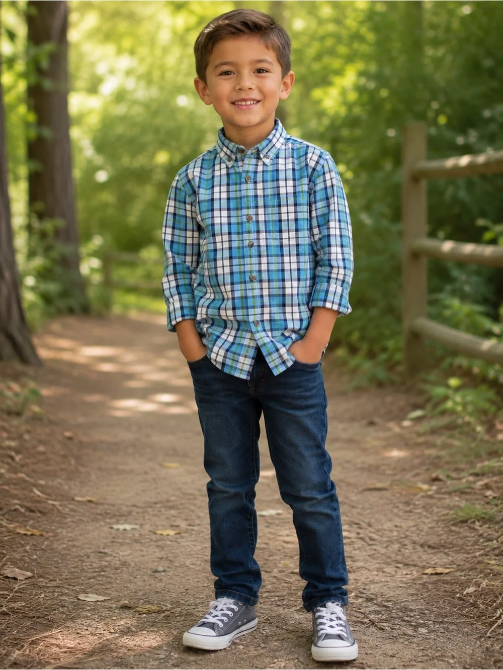 The Children's Place Boys Plaid Button Down Shirt Blue Cotton Long Sleeve S 5/6